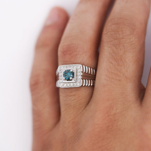 0.74 Carat Blue & White Diamond White Gold Ribbed Men's Ring