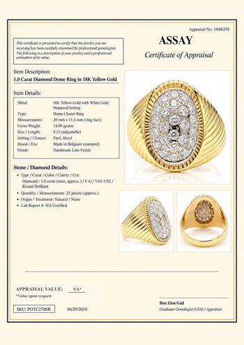 Bague à dôme nervuré bicolore en or 18K avec cluster de diamants 1 carat – Assay Jewelers