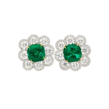 Boucles d’oreilles en émeraude colombienne 10 carats certifiées GRS, taille Coussin, léger huilage, diamants – Assay Jewelers