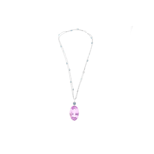 100 Carat Oval Cut Pink Kunzite with Aquamarine & Diamond Pendant in 18K White Gold