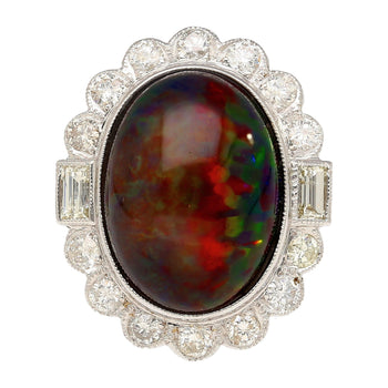 Bague cocktail halo en diamant baguette et rond avec opale noire de 10,08 carats – Assay Jewelers