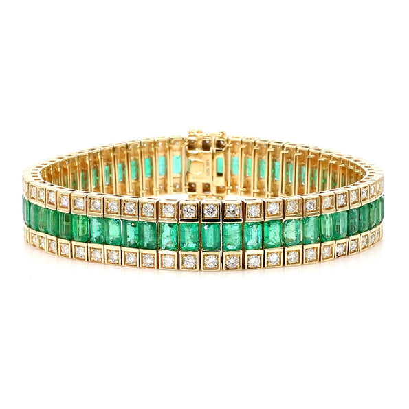 10.18 Carat Emerald and Diamond Baguette 14K Gold Three Row Bracelet