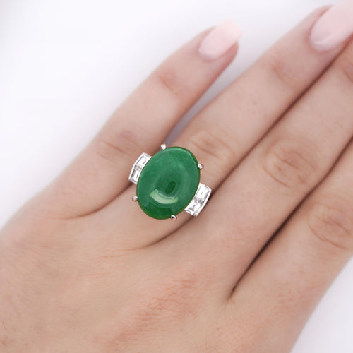 10.91 Carat Oval Jadeite Jade & Baguette Diamond Platinum Filigree Ring