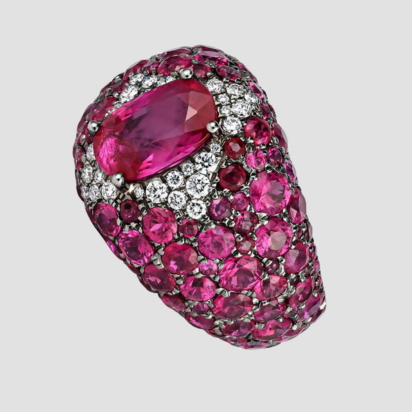 11 Carat Oval Cut Burma Pink Ruby & Diamond Cluster Dome Ring