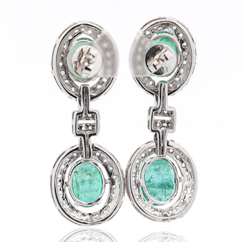 12 Carat Natural Oval Emerald & Rose-Cut Diamond Drop Earrings in 18K White Gold – Assay Jewelers
