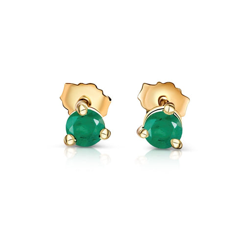 2 Carat Round Cut Natural Emerald Stud Earrings in 14K Yellow Gold 3-Prong Martini Setting