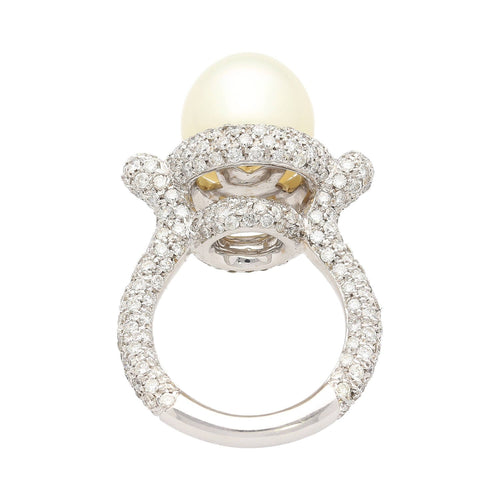 12.3MM SouthSea White Pearl and Round Cut Pave Diamond Ring in 18k White Gold