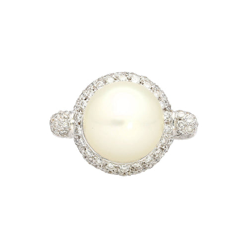 12.3MM SouthSea White Pearl and Round Cut Pave Diamond Ring in 18k White Gold