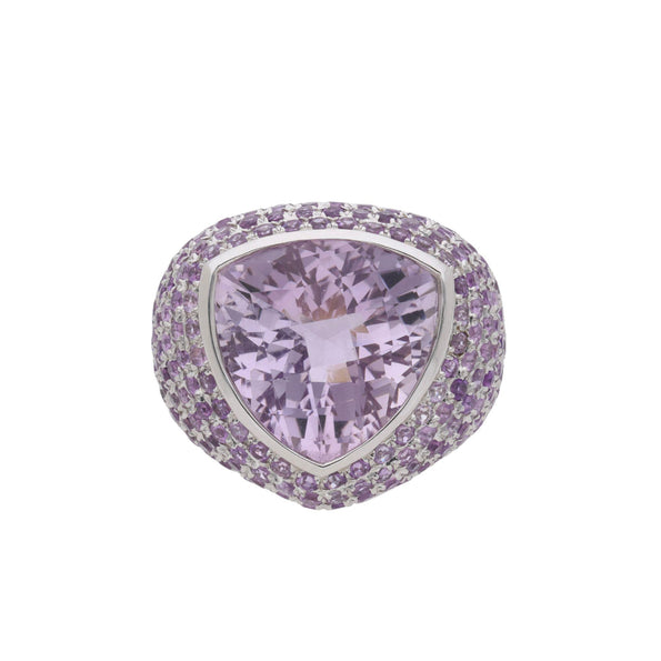 12.50 Carat Trillion Checkerboard Pink Amethyst Pave Dome 14K White Gold Ring