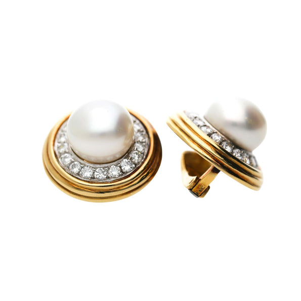 12mm South Sea Pearl 2.88 Carat Diamond Halo 18K Two Tone Gold Clip On Earring