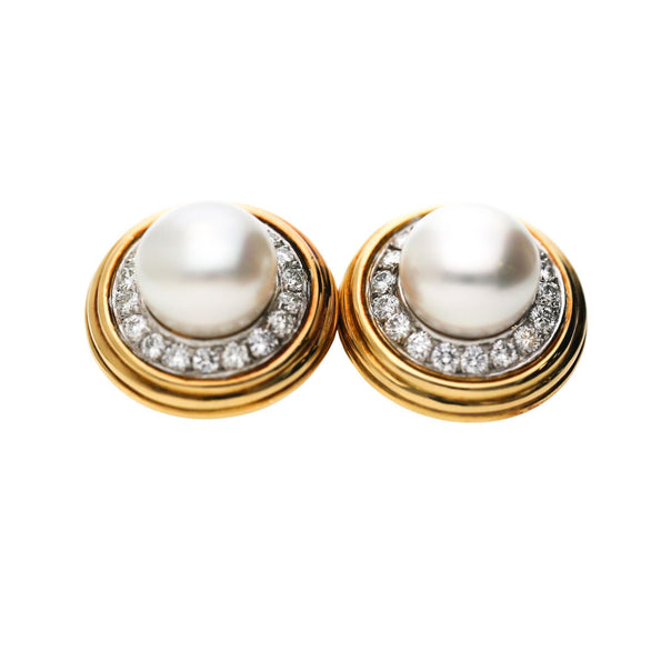 12mm South Sea Pearl 2.88 Carat Diamond Halo 18K Two Tone Gold Clip On Earring