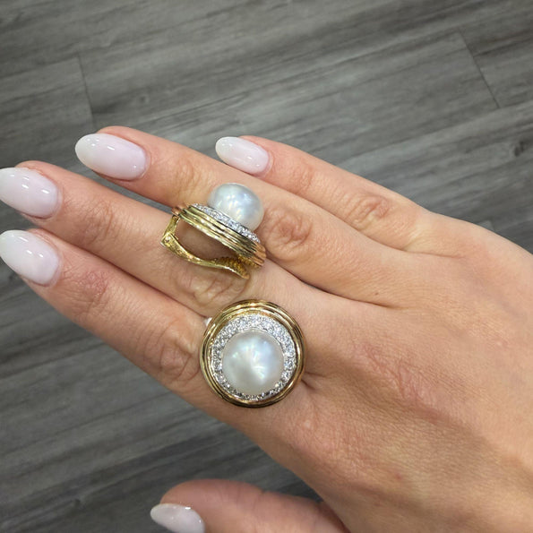 12mm South Sea Pearl 4.26 Carat Diamond 18K Two-Tone Gold Ring and Earring Set
