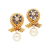 14K Gold Textured Ribbon Motif Natural Pearl, Diamond and Sapphire Stud Earrings