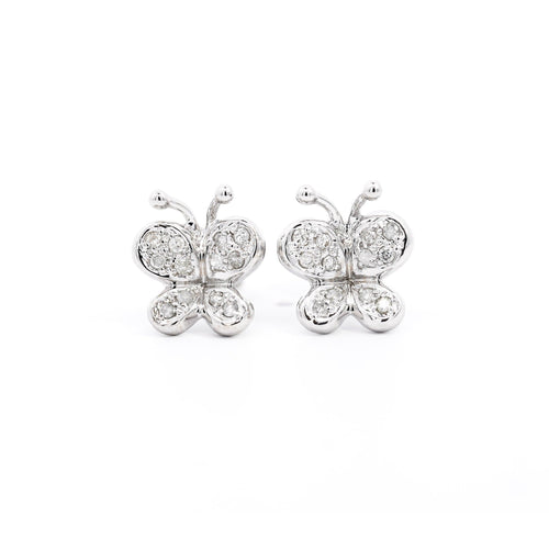 14K Solid White Gold Natural Diamond Cluster Butterfly Stud Earring