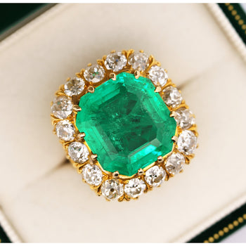 Bague halo en émeraude colombienne huilée de 14,51 carats et diamant taille vieille Europe – Assay Jewelers