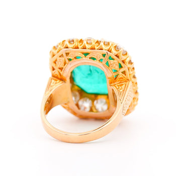 Bague halo en diamant taille vieille Europe et émeraude colombienne 14.51 carat, huilage insignifiant – Assay Jewelers