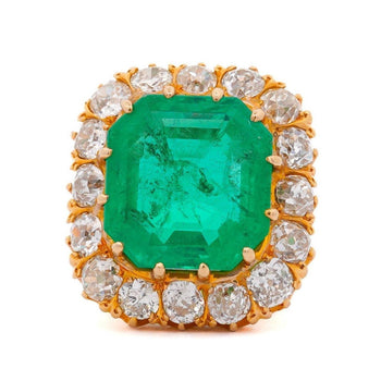 Bague halo en émeraude colombienne de 14,51 carats, huilage insignifiant, et diamants taille ancienne européenne – Assay Jewelers
