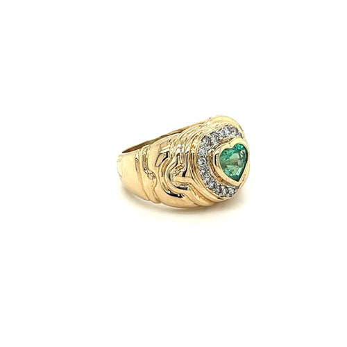 14k Solid Gold Heart Shape Emerald and Diamond Pinky Ring