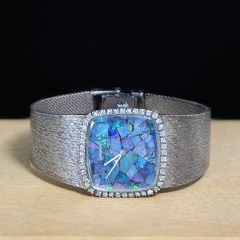 Vintage Longines Opal Mosaic Dial 34mm Diamond Bezel 18K White Gold Watch – Assay Jewelers
