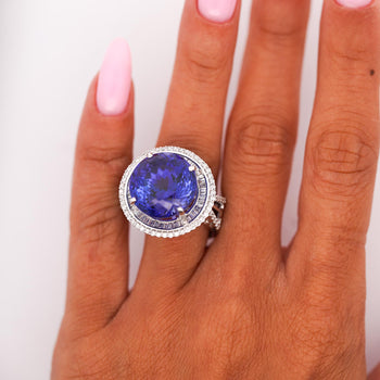 15.50 Carat Round Tanzanite & 1.50 Carat Diamond Double Halo 14K White Gold Ring – Assay Jewelers
