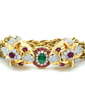 18K Gold & Platinum Double Headed Biting Lion Multi Rope Chain Bracelet With Emeralds, Diamonds, & Rubies – Assay Jewelers