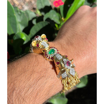 18K Gold & Platinum Double Headed Biting Lion Multi Rope Chain Bracelet With Emeralds, Diamonds, & Rubies – Assay Jewelers