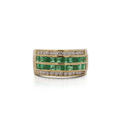 18K Gold Square Emerald and Round Diamond Channel Set Band Ring