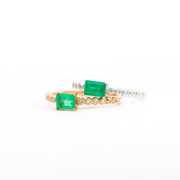 18K Solid Gold Thin Ribbed Textured Band Emerald, Ruby, Or Sapphire Ring