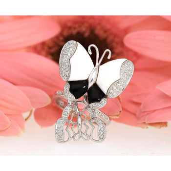 18K White Gold Butterfly Ring with Black Onyx, White Agate, and Round Cut Diamonds – Assay Jewelers