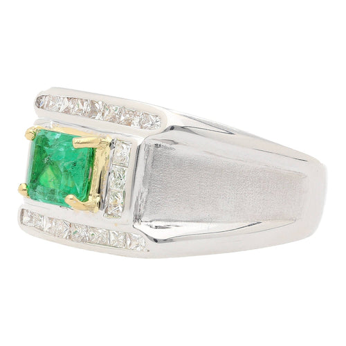 18K White Gold Emerald & Princess Cut Diamond Men's Ring