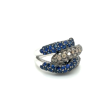 18K White Gold Natural Round Blue Sapphire and Brown Diamond 4 Row Pave Cluster Ring – Assay Jewelers