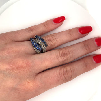 18K White Gold Natural Round Blue Sapphire and Brown Diamond 4 Row Pave Cluster Ring – Assay Jewelers