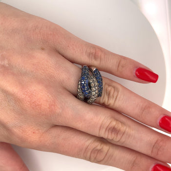 18K White Gold Natural Round Blue Sapphire and Brown Diamond 4 Row Pave Cluster Ring – Assay Jewelers