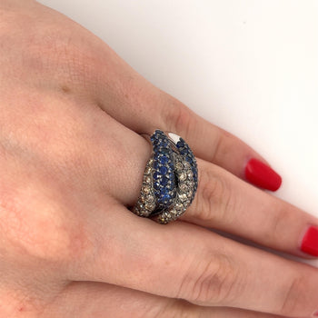 18K White Gold Natural Round Blue Sapphire and Brown Diamond 4 Row Pave Cluster Ring – Assay Jewelers