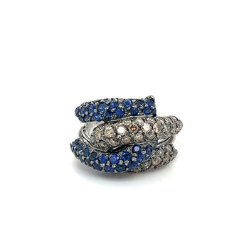 18K White Gold Natural Round Blue Sapphire and Brown Diamond 4 Row Pave Cluster Ring – Assay Jewelers