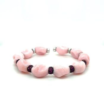 Bracelet manchette jonc en or blanc 18K avec agate rose brute non taillée et rubis taille ronde – Assay Jewelers