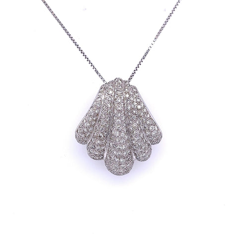 18K White Gold and Diamond Pave Sea Shell Pendant Necklace