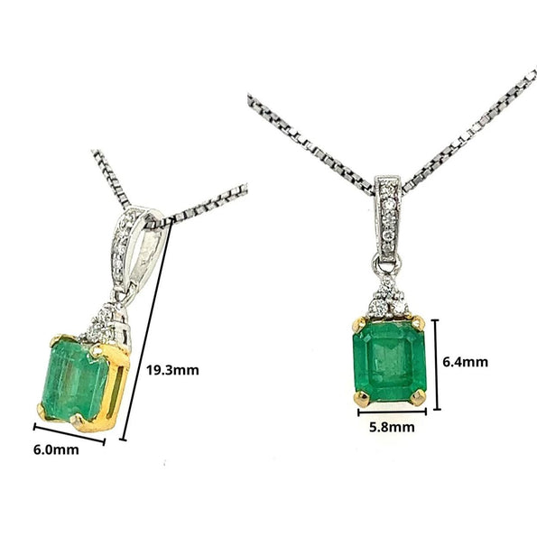 18K Solid Gold Natural Colombian Emerald and 3 Round Diamonds on Top Pendant Necklace