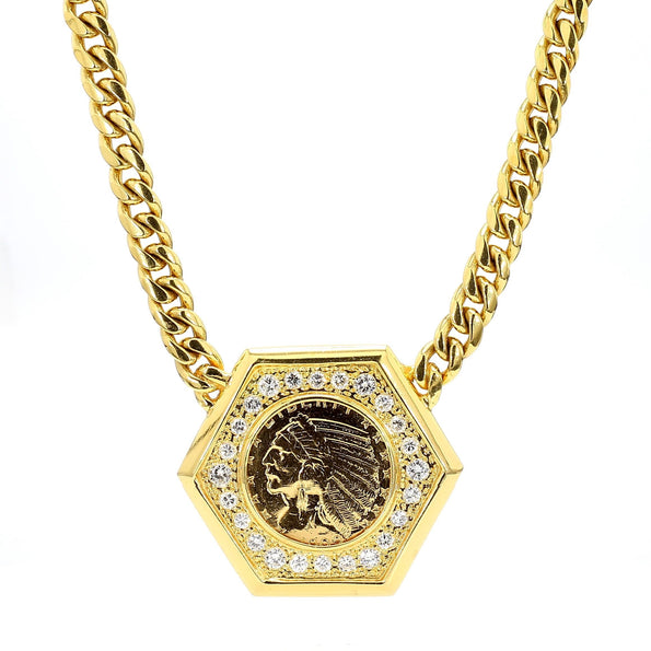 1909 US Indian Head $5 Gold Coin Pendant Necklace, 14K Gold with Diamonds
