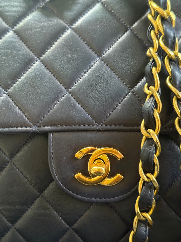1990s Chanel Vintage Jumbo Single Flap Quilted Lambskin 24k Plated CC Logo