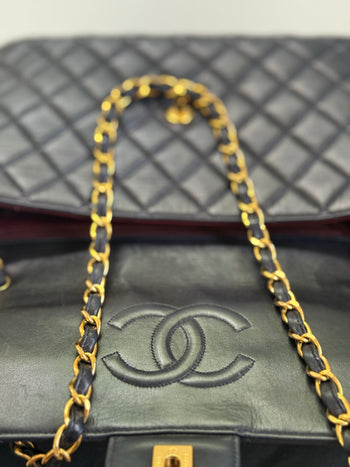 1990s Super Rare Chanel Vintage Jumbo Single Flap Lambskin Navy Blue Crossover – Assay Jewelers