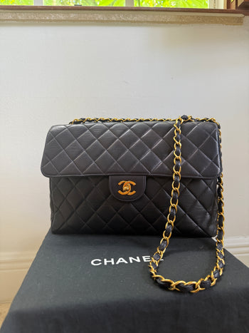 1990s Super Rare Chanel Vintage Jumbo Single Flap Lambskin Navy Blue Crossover – Assay Jewelers