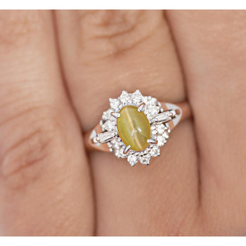 Bague de style Art déco en platine avec chrysobéryl œil-de-chat vert de 1,04 carat et diamant – Assay Jewelers