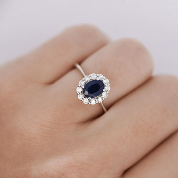 1.14 Carat Oval Deep Blue Sapphire & Round Diamond 18K White Gold Statement Ring – Assay Jewelers