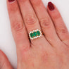 1.22 Carat Emerald & Diamond 18K Gold Halo Three Stone Band Ring