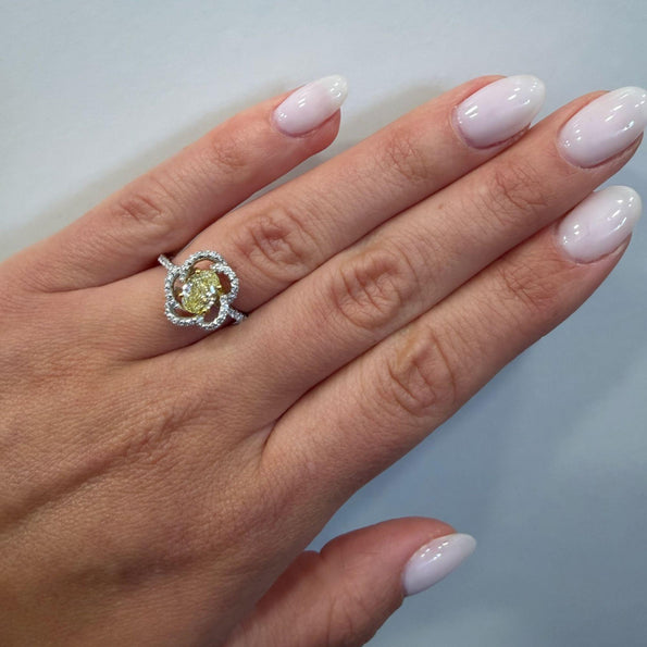 1.24 Carat Fancy Yellow Diamond Platinum & 18K Gold Swirl Floral Ring