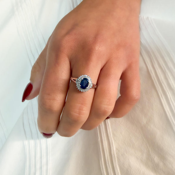 1.25 Carat Oval Blue Sapphire and Diamond Platinum Double Halo Ballerina Ring
