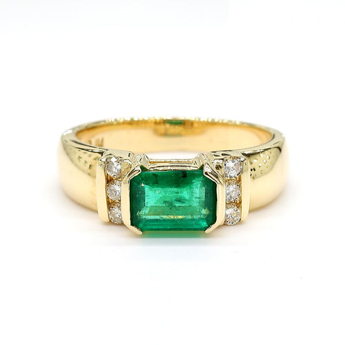 1.30 Carat Emerald Half Bezel East West Set 14K Gold Unisex Ring