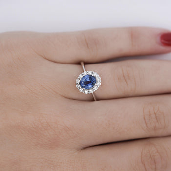 1.30 Carat Oval Deep Blue Sapphire & Round Diamond 18K White Gold Ring – Assay Jewelers