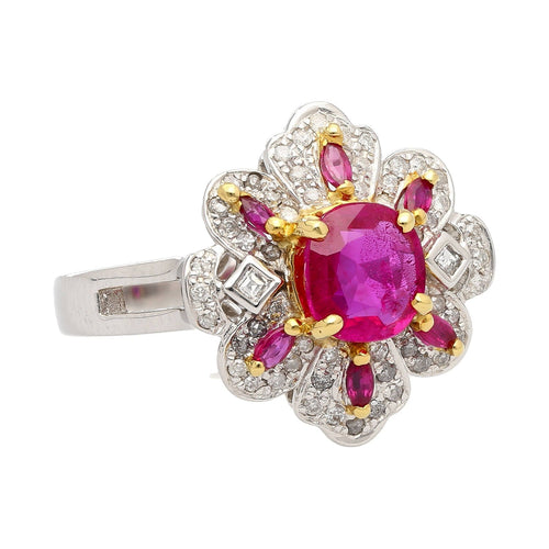 1.38 CTTW Natural Pinkish Red Ruby & Diamond Floral Motif Ring in 14K White Gold